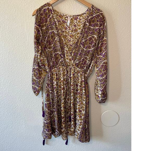 RAGA Bohemian Slit Sleeve Cold Shoulder Gold & Purple Floral Mini Dress Size XS - Picture 15 of 16